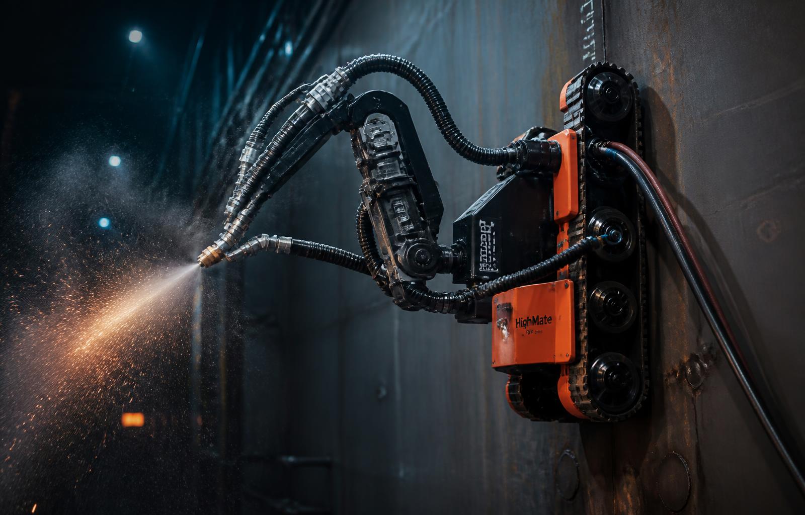 Robots industriales aplicando granallado y pintura anticorrosiva en estructuras de gran tamaño