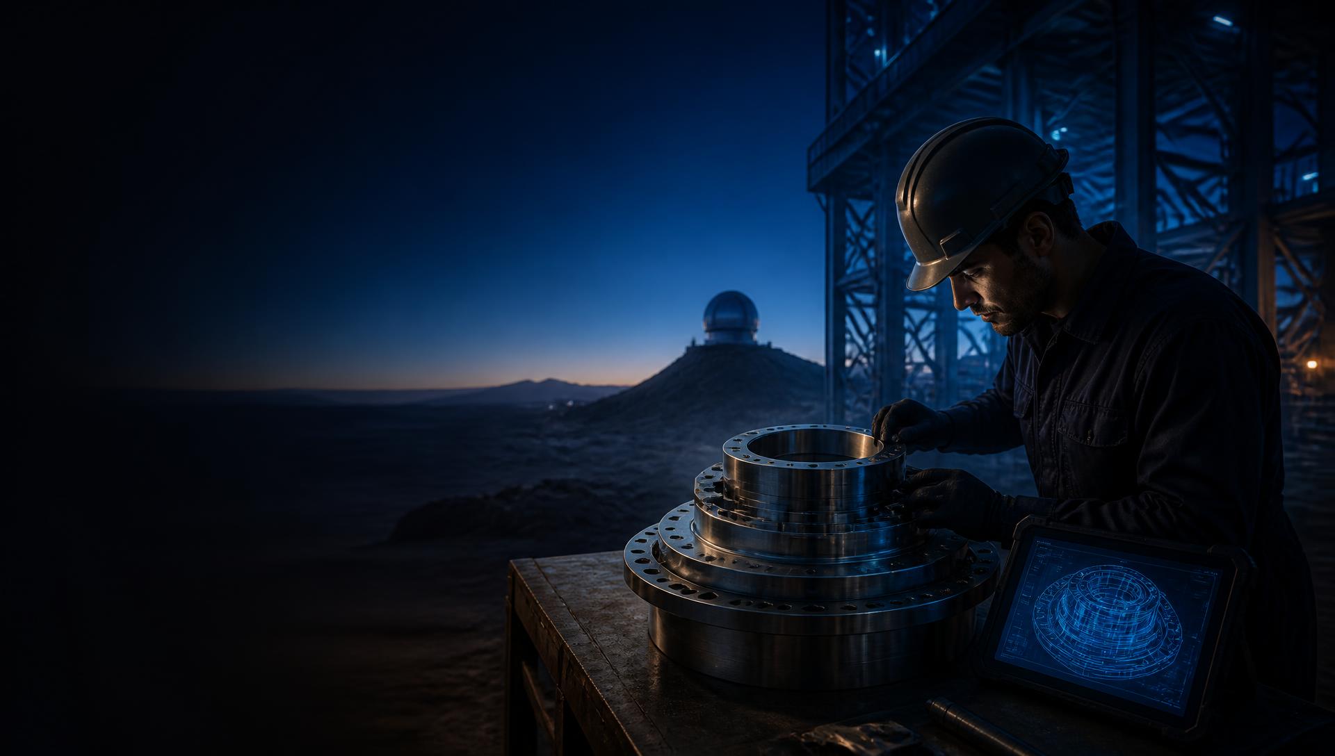 Ingeniero inspeccionando un componente mecánico de precisión en terreno industrial del desierto de Atacama, con modelo CAD y estructura metálica al atardecer