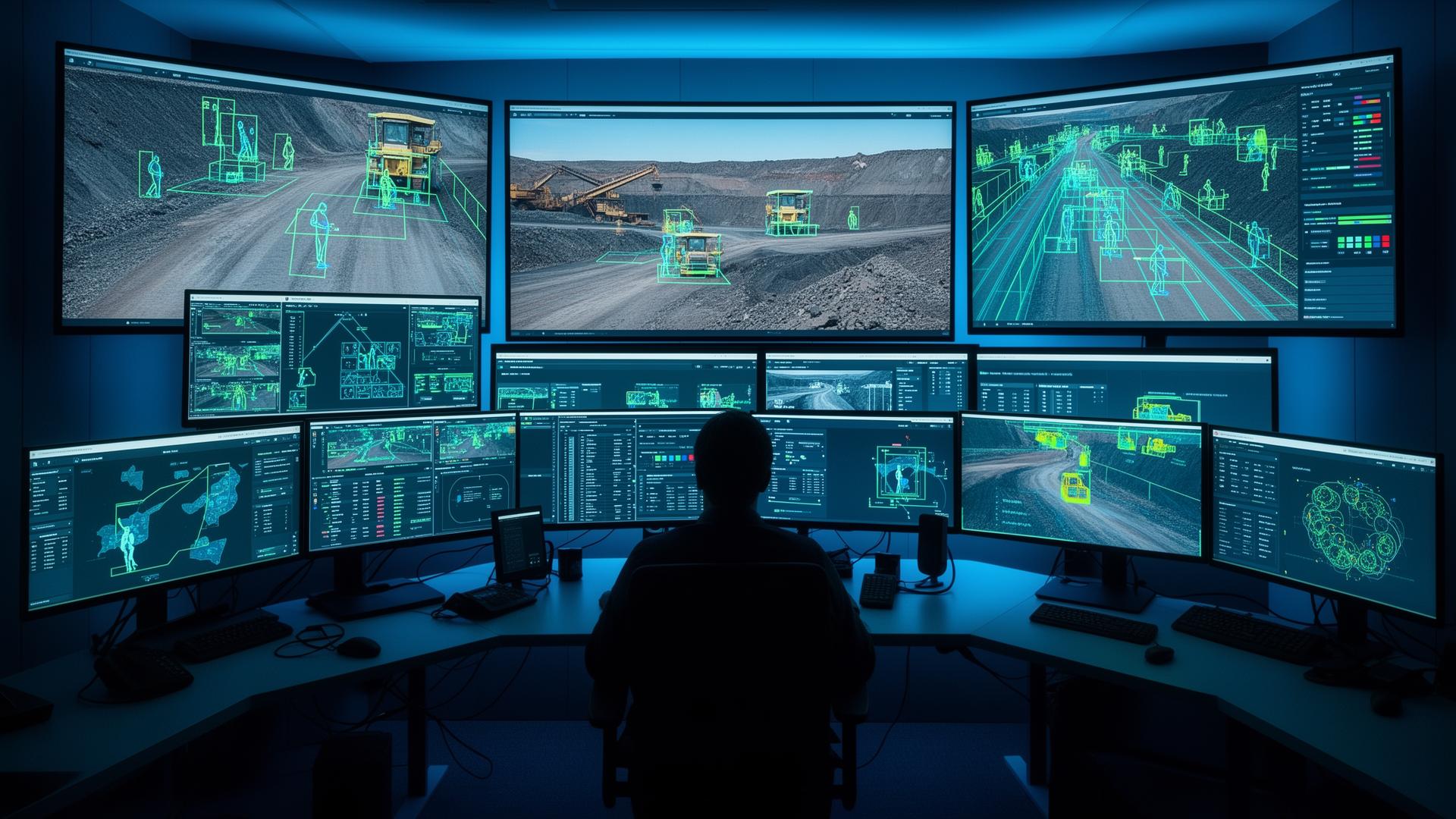 Sala de control con analítica de video por inteligencia artificial — safety operacional